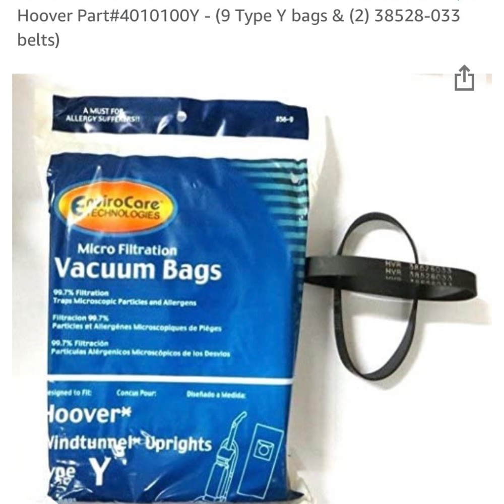 Hoover Part#4010100Y - (9 Type Y bags & (2) 38528-033
belts)